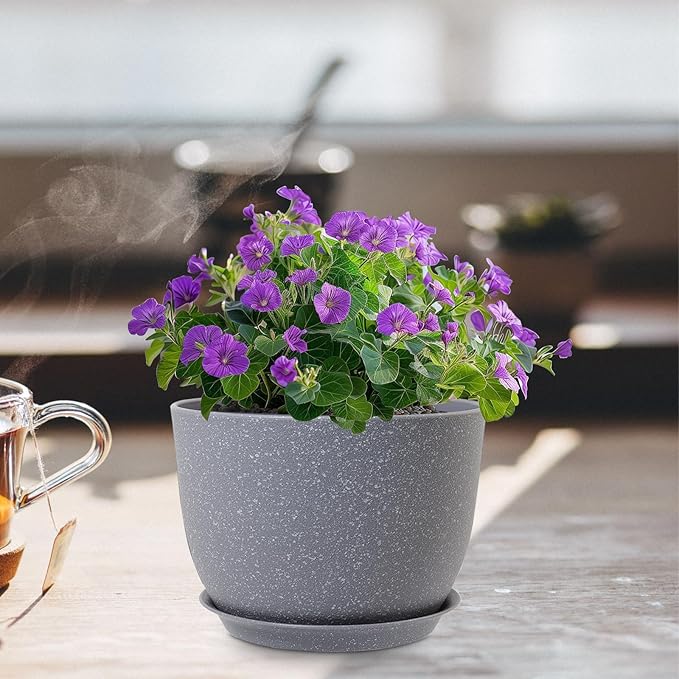 Plant Pots 12 inch, Plastic Planters with Drainage Holes and Saucers, Large Flower Pots for Indoor Outdoor Plants, Modern Decorative Pots for Garden House Plants, Speckled Grey