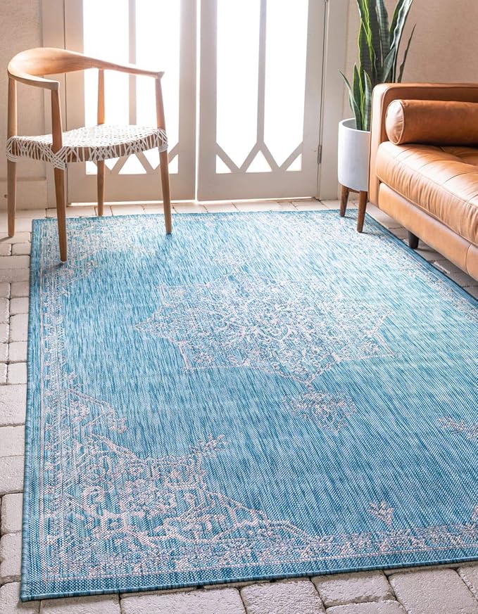 Unique Loom Outdoor Traditional Collection Area Rug - Antique (8' x 11' 4" Rectangle, Light Aqua/ Gray)