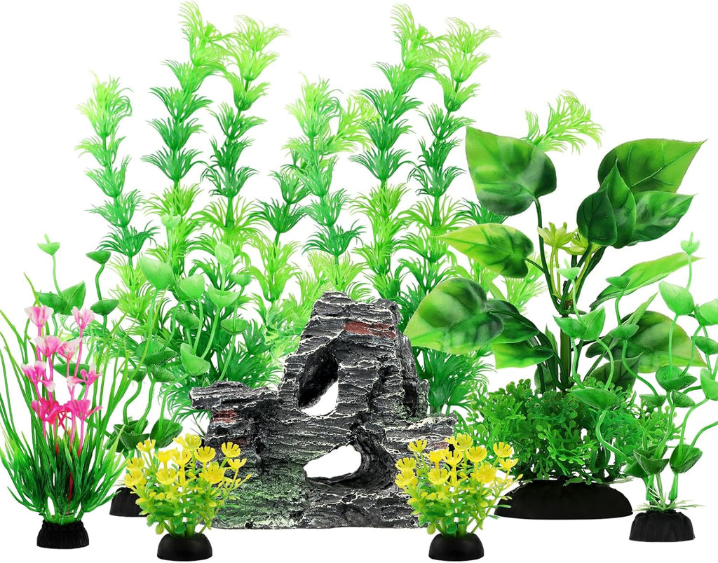 Fish Tank Accessories Artificial Plants, 9pcs Green Aquarium Decorations Plants and Cave Rock Decor Set, Aquarium Decor Plastic Plants