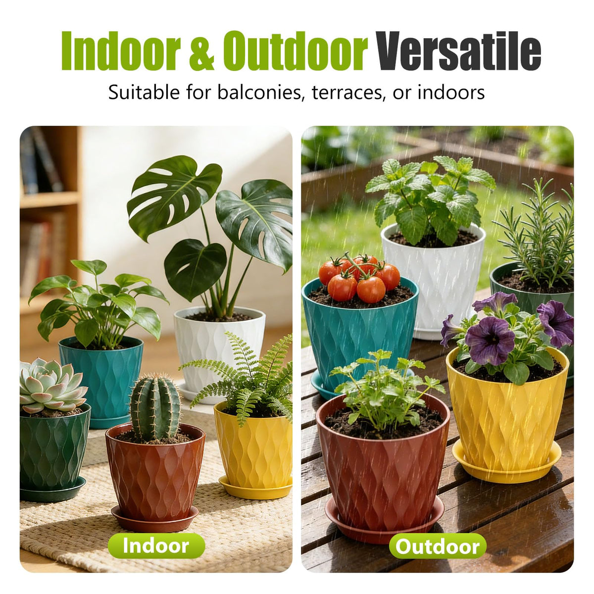 SQKH 8 Inch Plastic Plant Pots,Set of 5 Flower Pots,Planters with Drainage Holes & Saucers, Indoor Outdoor Garden Pots for Home Decor(Colorful)