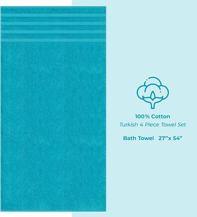 American Soft Linen Luxury 4 Piece Bath Towel Set, 600 GSM 100% Cotton Turkish Bath Towels for Bathroom, 27x54 in Extra Large Bathroom Shower Towels, Aqua Blue