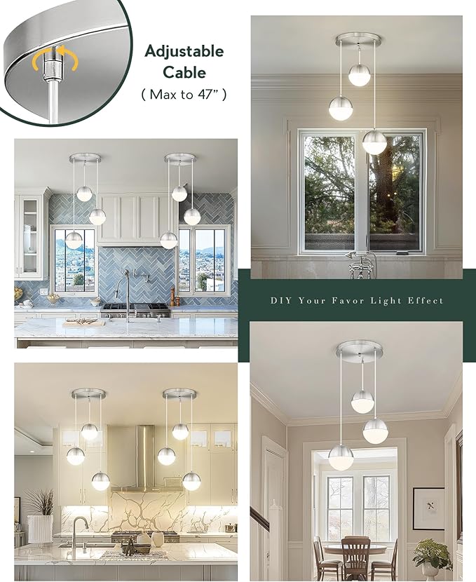 LMS Modern Brushed Nickel 3-Light Cluster Pendant Lights, Mid Century Pendant Lighting with White Globe Glass Shade, Adjustable Hanging Cord Ceiling Light for Home Office Dining Room, LMS-186BN3
