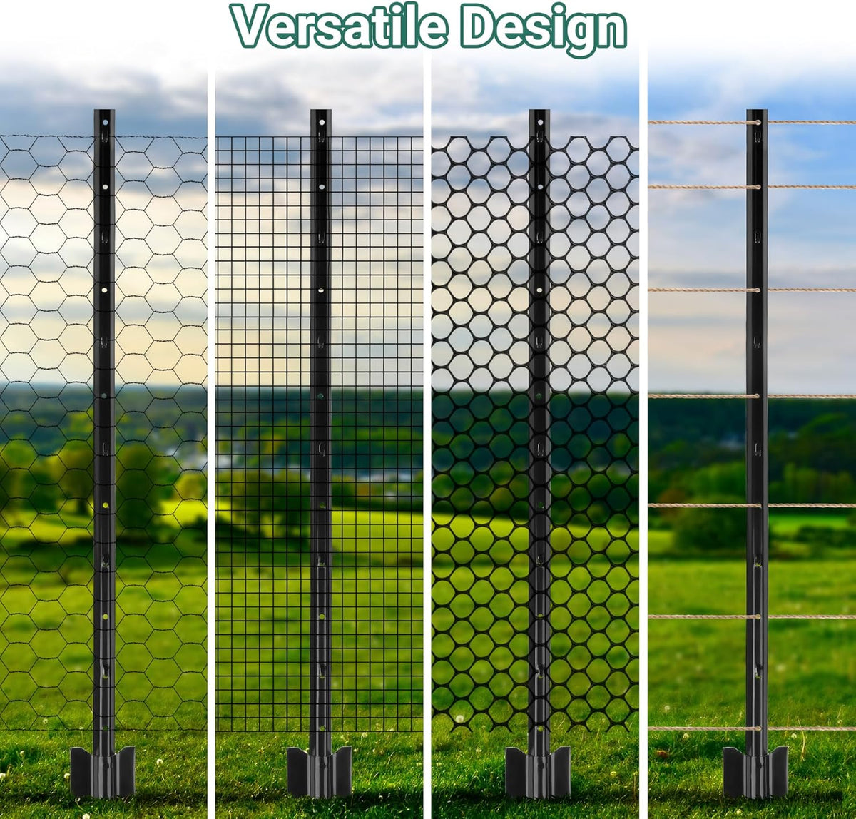 Fence Posts 4 Feet - 16 Pack, Heavy Duty Metal Fence Post, No Dig U Post for Farm, Garden, Orchard and Outdoor Wire Fencing (Black)