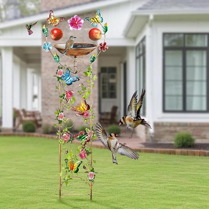 44" Height Bird Bath with Trellis for Climbing Plants Outside,Metal Antique Butterfly Heart Garden Plant Trellis with Detachable Bird Bath Bowl & Fruits Plants Support,Garden Patio Decor