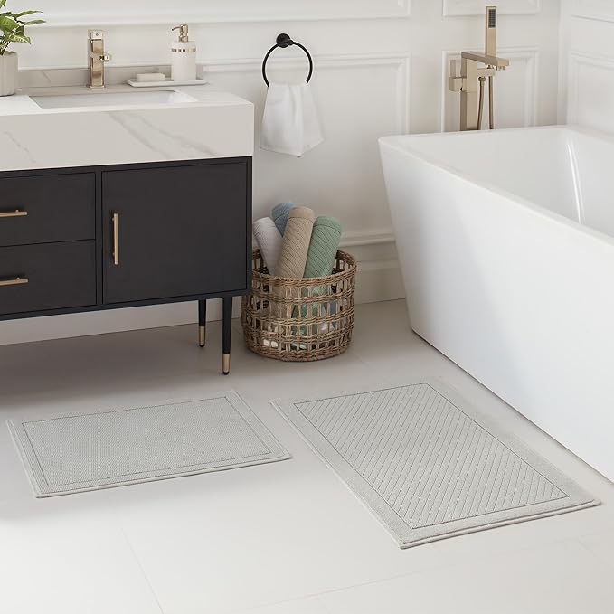 Arkwright 100% Cotton Bathroom Rug - High Absorbent Stylish Textured Woven Design Bath Mat, Slip Resistant Backing for Shower and Bathtub Floor, 17x24 in - Grey