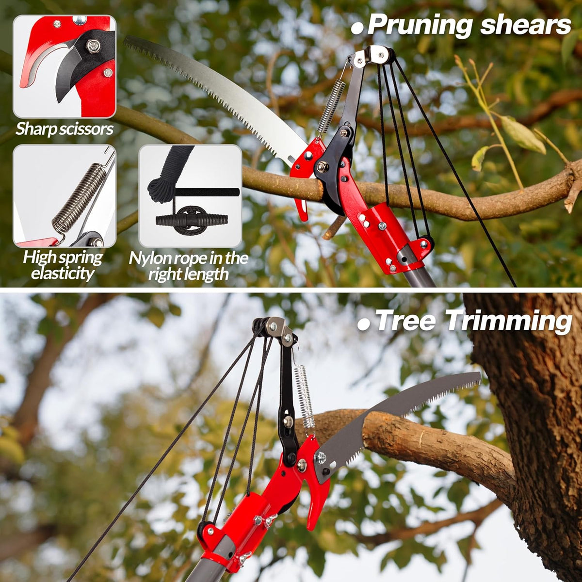 Suchtale 10ft Pole Saw, Manual Tree Pruner with Sharp Steel Blade, Trimmer with Scissors and High Strength Lightweight Handles for Pruning High Branches, Shrubs and Twigs at Forest Yard Garden Patios