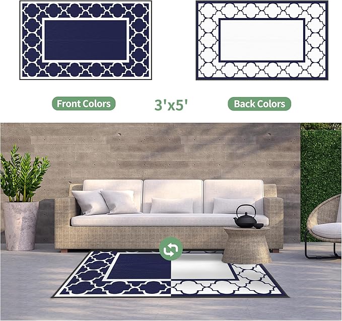 GENIMO 3' x 5' Outdoor Rug Waterproof for Patio Decor, Foldable Reversible Plastic Straw Area Rugs Mat for Camper, Outside Carpet for Rv, Deck, Porch, Picnic, Beach, Balcony, Blue & White
