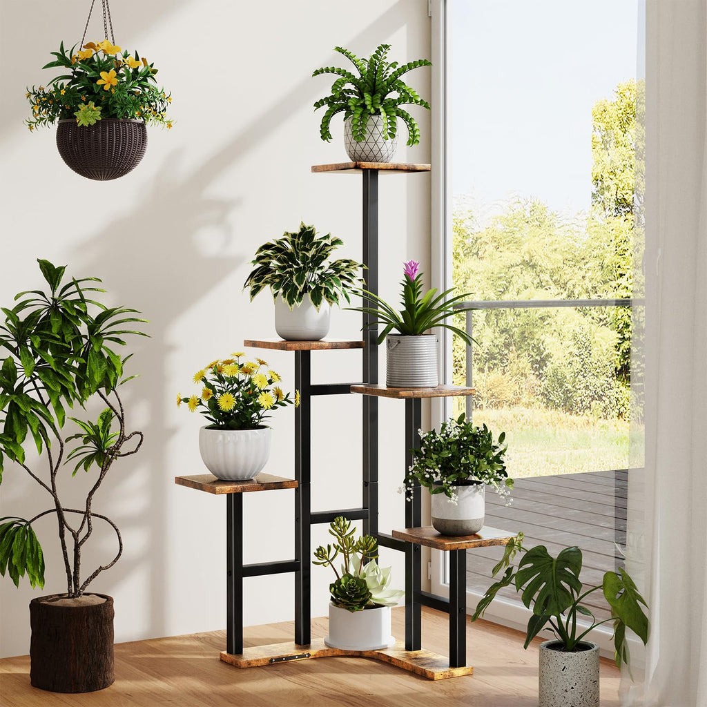Yzosvki Corner Plant Stand Indoor, 6 Tiered Corner Plant Shelf Flower Stand for Multiple Plants, Plant Shelves Organizer Rack for Living Room, Balcony, Patio, Garden, Square Rustic Brown
