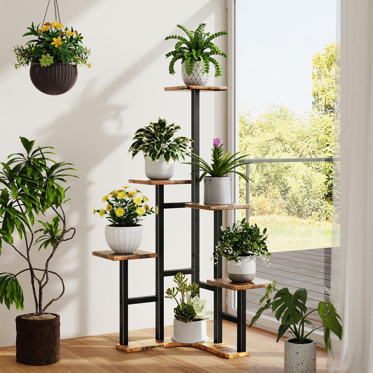 Yzosvki Corner Plant Stand Indoor, 6 Tiered Corner Plant Shelf Flower Stand for Multiple Plants, Plant Shelves Organizer Rack for Living Room, Balcony, Patio, Garden, Square Rustic Brown