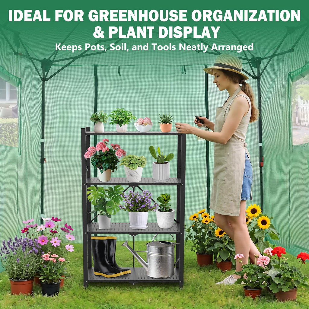EAGLE PEAK 4-Tier Foldable Greenhouse Shelf, Heavy Duty Metal Storage Rack, No Assembly Steel Shelving Unit, Plant Stand for Greenhouse and Multi-Use Storage, 28”x14.6”x44.7”, 520 lbs, 1 Pack, Black