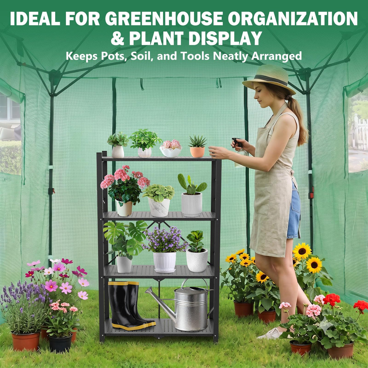 EAGLE PEAK 4-Tier Foldable Greenhouse Shelf, Heavy Duty Metal Storage Rack, No Assembly Steel Shelving Unit, Plant Stand for Greenhouse and Multi-Use Storage, 28”x14.6”x44.7”, 520 lbs, 1 Pack, Black
