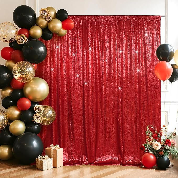 SquarePie Sequin Backdrop Less Transparent Background Sparkly Curtain for Wedding Party 7FT x 7FT Red