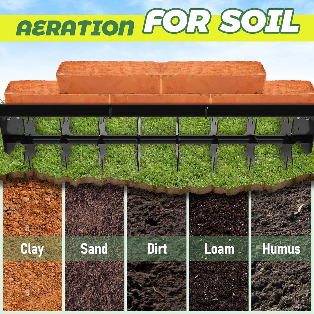 32" Tow Behind Lawn Aerator with Galvanized Steel Tines and Wide Tow Bar Black Lawn Aerator, Soil Penetrator Spikes Tractor for Home Yard Farm Use