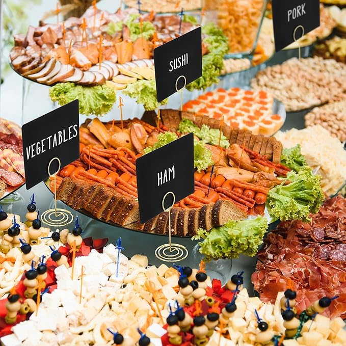 TecUnite 12 Pcs Mini Chalkboard Signs, 4"x3" Small Chalkboard Label with Metal Stand 2 Water Based Chalk for Food Buffet Tabletop Blackboard Sign for Party Bakery(Gold,3.4 x 1.6 in)