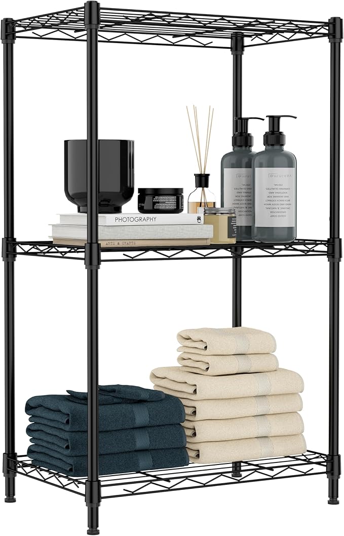 IZEUK 3 Tier Metal Wire Shelving Rack Storage Shelves for Kitchen, Bedroom, Living Room or Laundry Room, Black, 17.7" W x 11.8" D x 28.8" H
