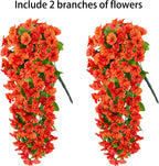 HyeFlora Artificial Fake Fall Hanging Flowers Plants for Outdoor Outside, 2PCS Faux Silk Orange Morning Glory Trailing Vines UV Resistant Look Real for Home Planter Porch Patio
