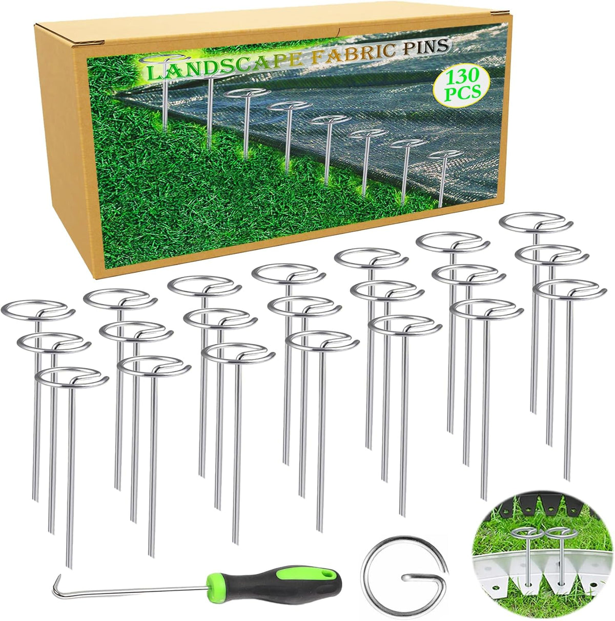 50PCS Landscape Staples + 1 Pick Hook, 6-Inch Yard Stakes, Galvanized Circle Top Landscape Fabric Pins, Grip Than U-Shape Weed Barrier Stake, Metal Garden Staple for Plant Cover/Lawn/Fence/Tent/Ground