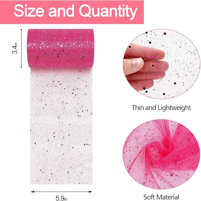 Glitter Tulle Rolls, 6” by 50 Yards (150FT) Sparkling Tulle Spool Ribbon Sequin Tulle Netting Fabric for Tutu Skirt Wedding Birthday Baby Shower (Rose Red)