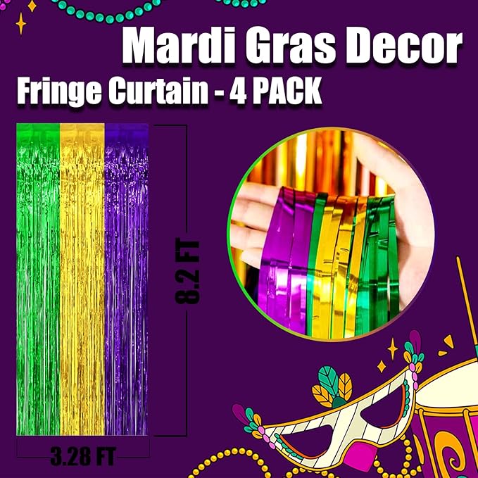 4 Pack Mardi Gras Foil Fringe Curtain Backdrop, 3.28Ft x 8.2Ft Gold Green Purple Metallic Tinsel Foil Fringe Streamers Curtains for Photo Booth, Wedding, Birthday, Carnival Party Decoration