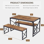 VECELO Kitchen Dining Table Set for 4 to 6, 55" Wood Dinette 2 Benches with Metal Frame for Dinner Breakfast Nook and Small Space, Brown