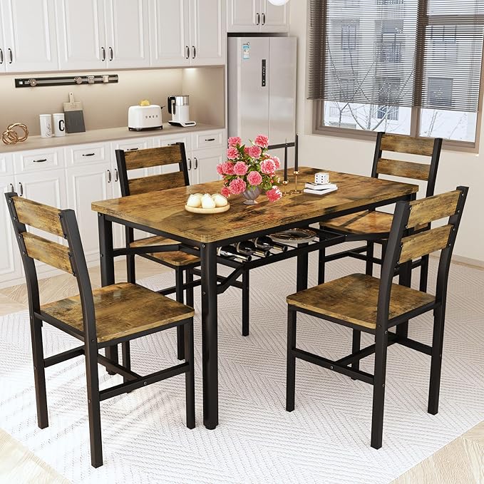 Hooseng Dining Table Set for 4, Wood Kitchen Table Chairs Set with Storage, Farmhouse 5 Piece Dining Room Table Set, Space-Saving Dinette Set for Breakfast Nook, Apartment