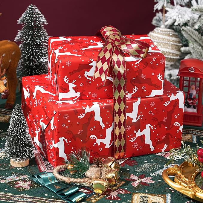Ulmasinn Reversible Christmas Wrapping Paper Roll - 17" x33ft Double-Sided Designs with Red Nordic Reindeer & Geometric Snowflake, Xmas Gift Wrap for Presents, Table Decor & Crafting