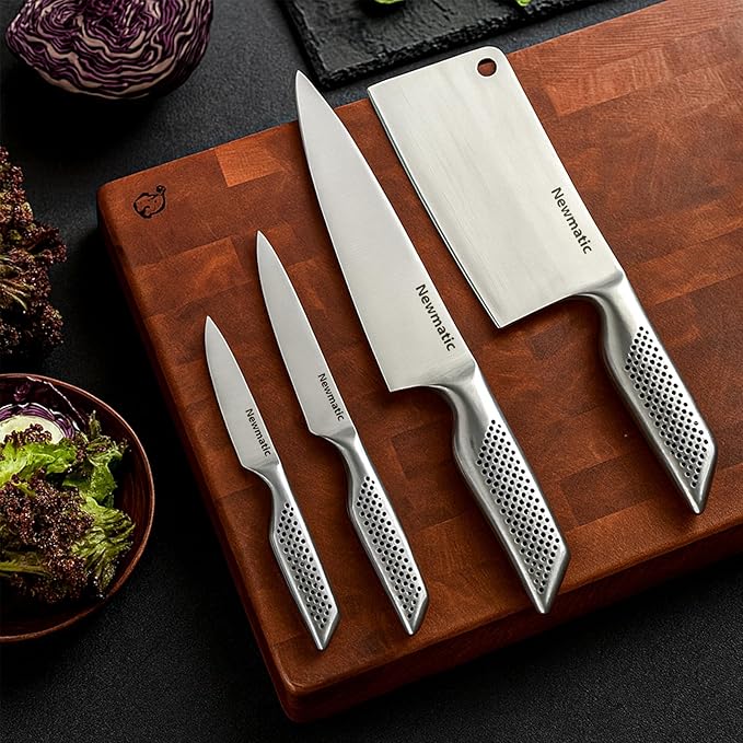 NEWMATIC 4-Piece kitchen knife set, stainless steel shef's knife set & sleaver with siamond sut technology - integrated molding design for home cooking