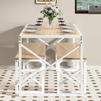 VECELO Kitchen Dining Table Set for 4 to 6, 55" Wood Dinette 2 Benches with Metal Frame for Dinner Breakfast Nook and Small Space, Oak