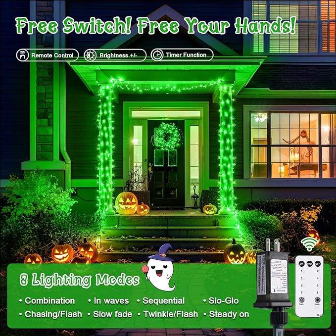 JMEXSUSS Green Halloween Lights Outdoor, 132ft 400 LED Halloween String Lights Plug in with Remote, Indoor Green Light for Porch Tree House Yard Christmas Decorations