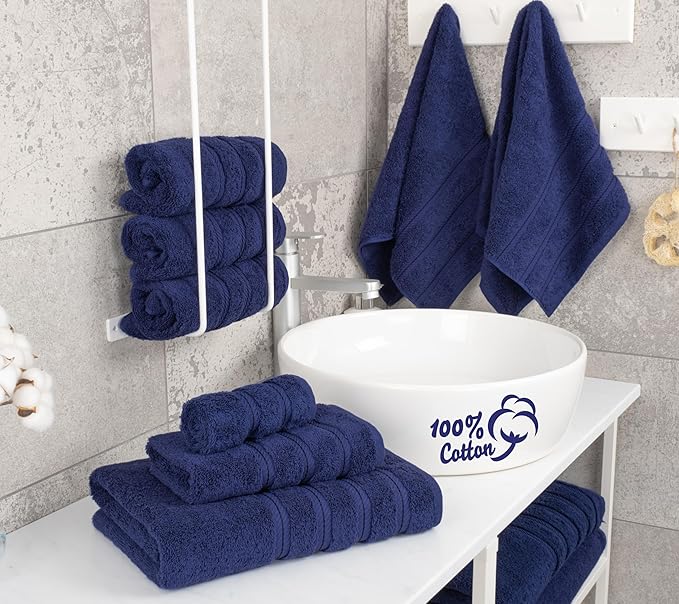 American Soft Linen Luxury 6 Piece Towel Set, 2 Bath Towels 2 Hand Towel 2 Washcloths, 600 GSM 100% Cotton Turkish Towels for Bathroom, Navy Blue Towel Sets