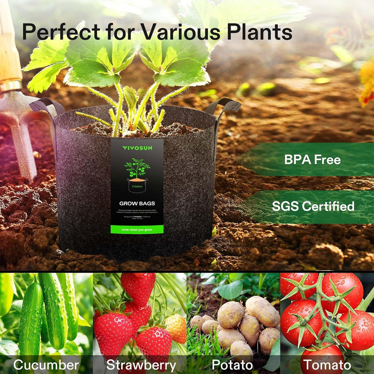 VIVOSUN 20-Pack 3 Gallon Grow Bags, Heavy Duty Thickened Nonwoven Fabric Pots with Handles for Flowers Fruits and Vegetables Black