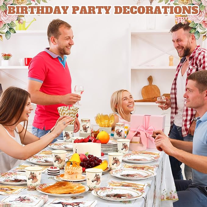452 Pcs Horse Birthday Decorations for 50 Guests, Pink Floral Cowgirl Paper Plates Napkins Cups Tablecloth Cutlery Straws for Horse Themed Western Wedding Baby Shower Party Supplies