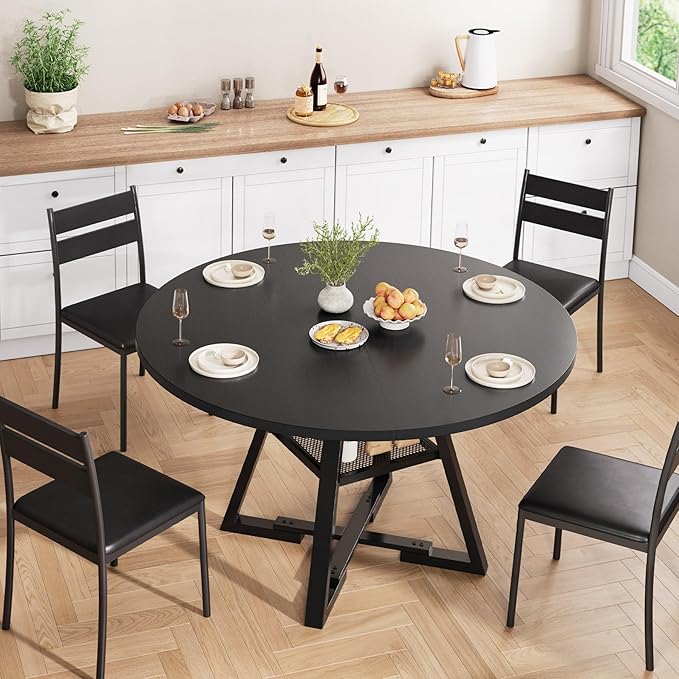 Round Dining Table for 4,Kitchen Dining Room Circle Dinner Pedestal Table,Space Saving Wood Kitchen & Dining Room Furniture (Black, 42In)