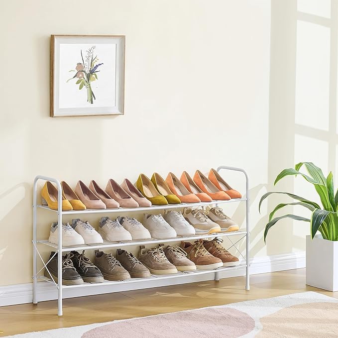 Hoctieon 3 Tier Mesh Style Shoe Rack, Entryway Shoe Shelf, Shoe Storage Organizer, Shoe Rack for Closet, Space Save for Bathroom, Garage, Hallway, Bedroom, Living Room, White