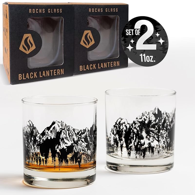 Whiskey Glasses with Hand-Printed Mountain Range - Set of 2 Rock Glasses with Dishwasher-Safe Print - 11oz. Rock Glasses