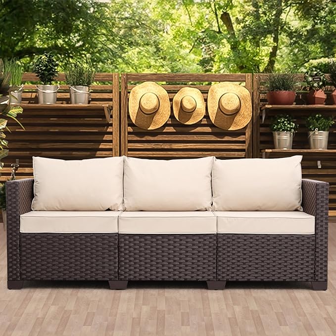 Patio Furniture 3-seat Sofa Wicker Outdoor Furniture Outdoor Couch Deep Seat Hight Backrest Non-Slip Cushions, Khaki