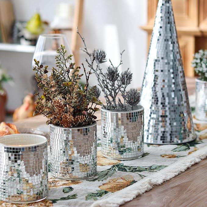 WDHODEC 6 Pcs Disco Vases Bulk Silver Mirror Disco Ball Flower Vase Glass Candle Holder for Wedding Table Centerpieces Decoration 4"