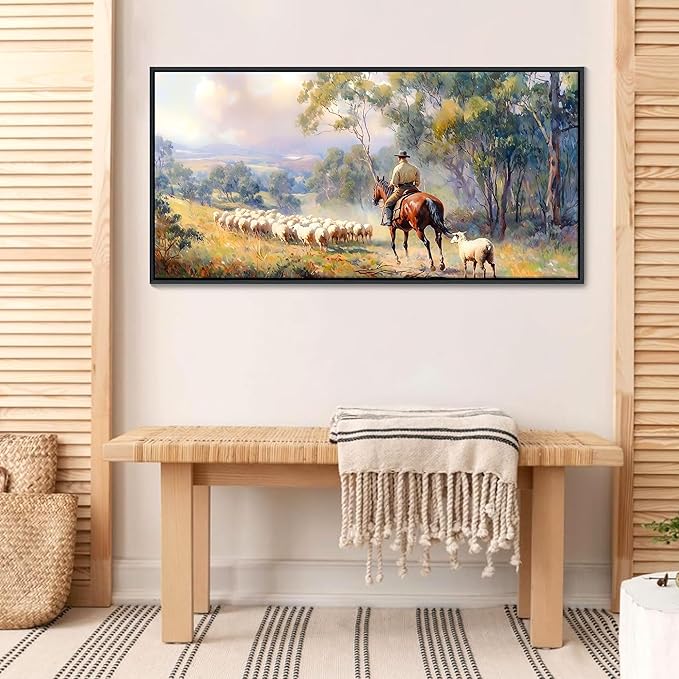 JEAWA Framed Canvas Wall Art - 20x40 IN Western Shepherding Landscape Painting, Country Picture with Trees, sheeps and Fine Horse, Shepherd Art Prints for Bedroom Bathroom Home Decoration
