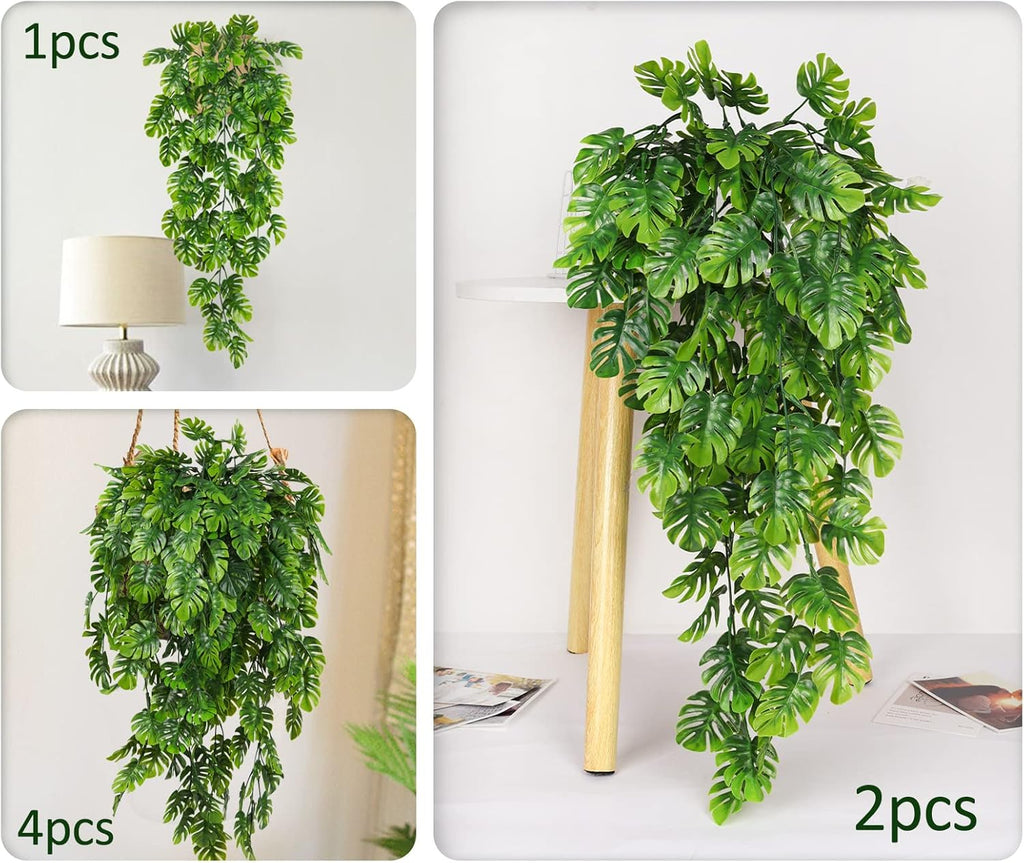RECUTMS Artificial Hanging Plants 4Pcs, Fake Monstera Leaves Ivy Vine Faux Greenery UV Resistant Tropical Palm Leaf Swag Plant for Garden Home Jungle Hawaiian Luau Party Outdoor Indoor Spring Décor