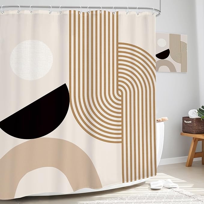 Glawry Mid Century Boho Shower Curtain Abstract Beige Stripe Geometry Arch Simple Minimalist Geometric Bathroom Modern Aesthetic 60Wx72L Inches Bath Accessories Art Home Decor Fabric 12 Pack Hook