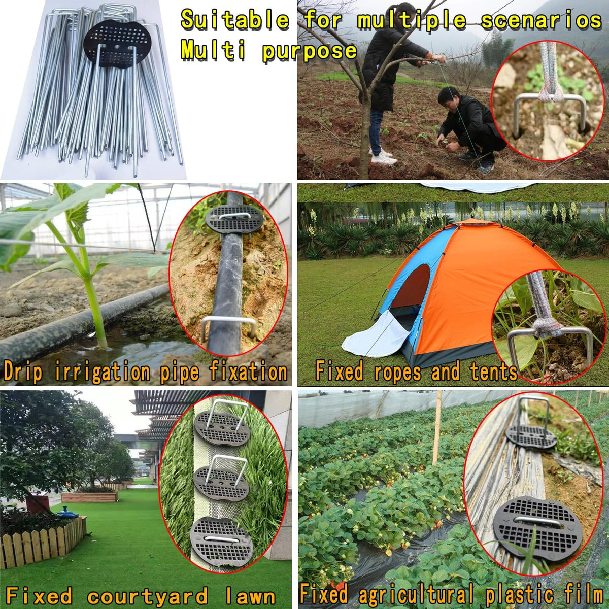 200Pcs Landscape Staples with 200 Gasket with 1Pick Hook, 6 Inch Heavy Duty Garden Stakes 11 Gauge U Shaped Galvanized Lawn Pins for Weed Barrier Fabric