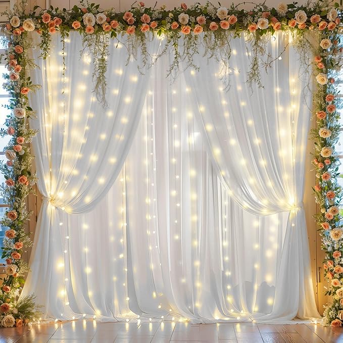 10ft x 10ft White Chiffon Backdrop Curtain with Lights String for Parites Wedding Wrinkle Free Curtain Photo Backdrops Drapes for Baby Shower Birthday Party Home Decorations