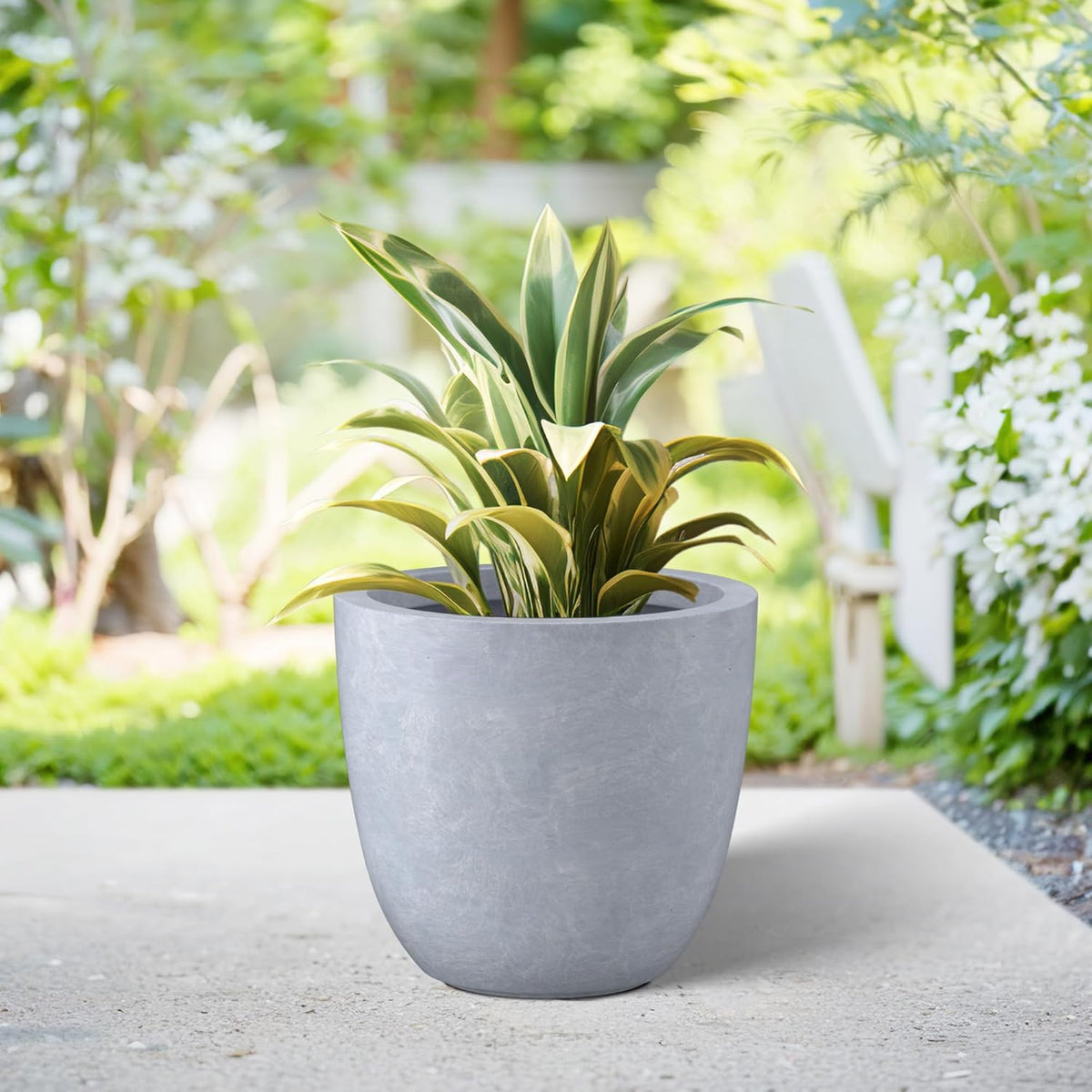 Kante 10 Inch Dia Round Concrete Planter, Indoor Outdoor Large Plant Pot with Drainage Hole and Rubber Plug for Home Patio Garden, Gray