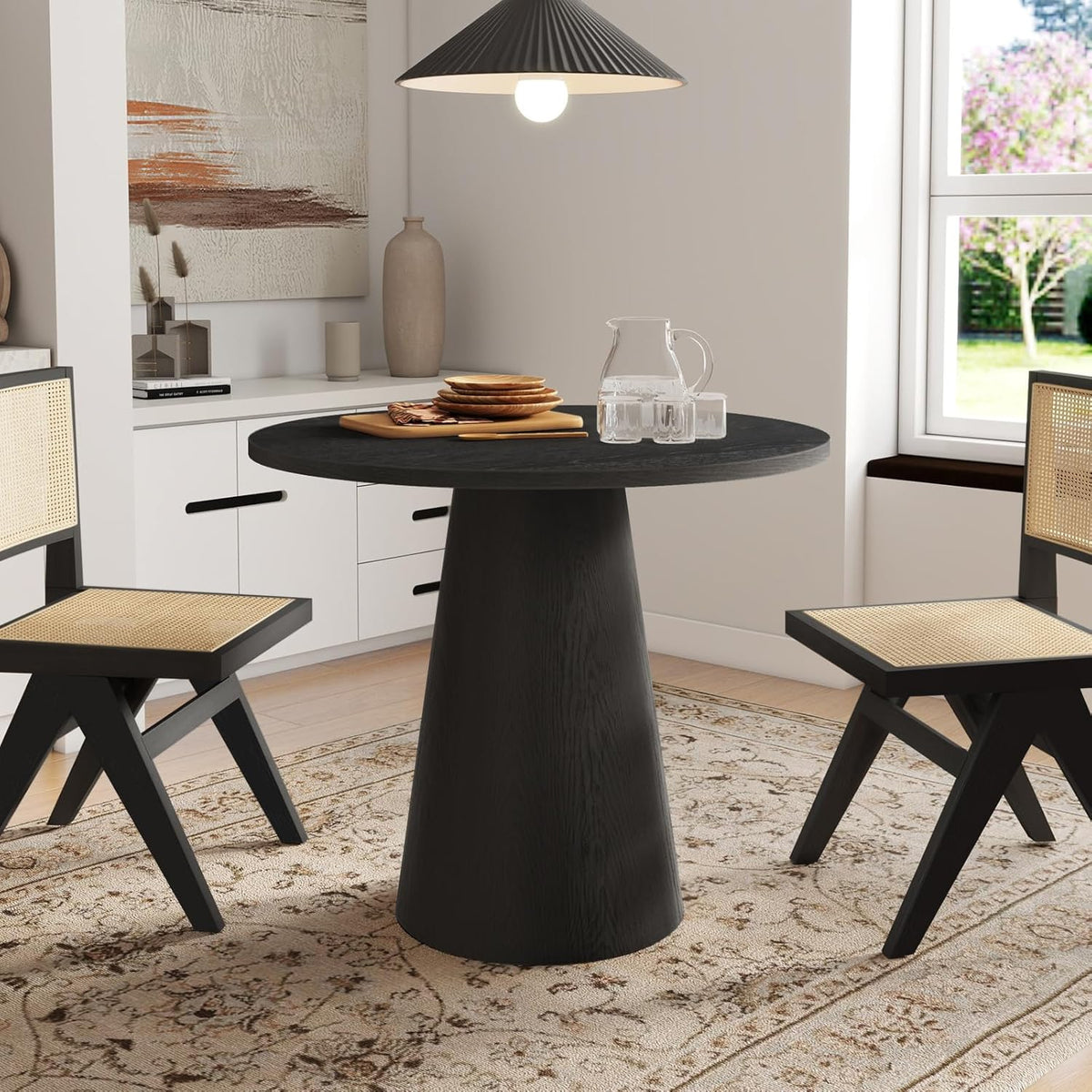 Round Dining Table Wood for 2-4, Modern Farmhouse Kitchen Table | 35'' Small Circle Dining Tables with Pedastal for Kitchen Living Room (Black)