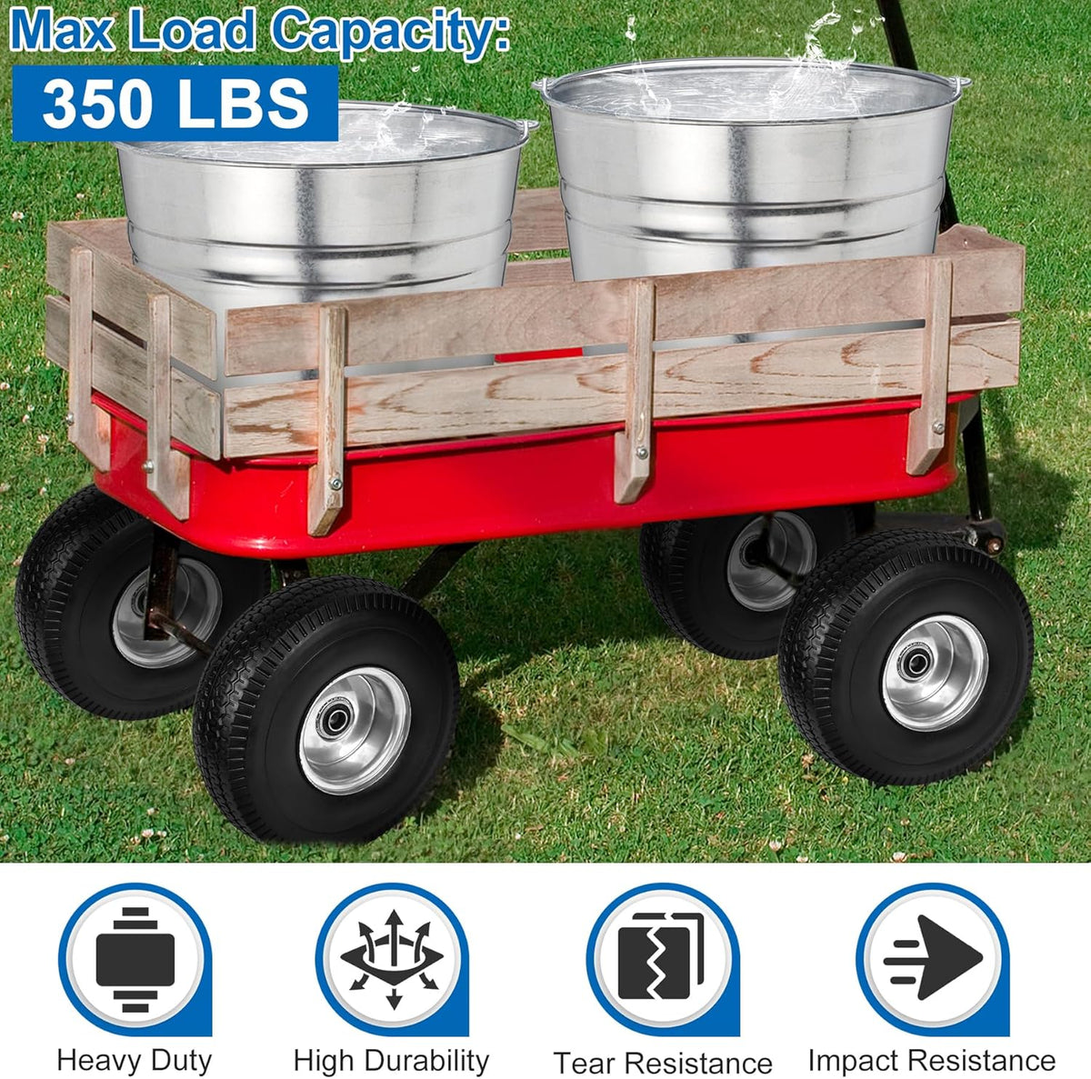 4.10/3.50-4" Flat Free Tires, 10 Inch Solid Tires and Wheels Replacement with 5/8" Axle Bore Hole, 2.2" Offset Hub for Hand Truck, Garden Cart, Lawn Cart, Wheelbarrow, 2 Pack