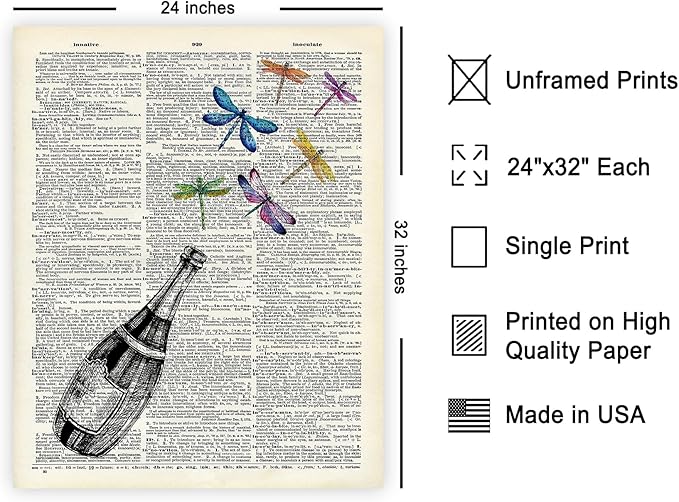 Poster Master Dictionary Art Poster - Champagne Bottle Print - Dragonfly Art - Alcohol Art - Gift for Men, Women & Bartender - Great Decor for Bar, Kitchen or Restaurant, 24x32 Unframed Wall Art