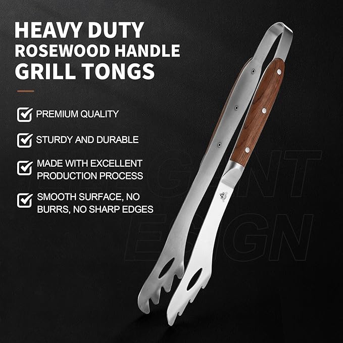 GRILLGEN Heavy Duty Rosewood Handle BBQ Grill Tongs, 16.73" Long Premium BBQ Grill Tongs for Outdoor Grilling, Essential Accessory for Barbecue & Grill, Best Grilling Gift