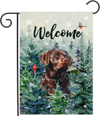 Welcome Winter Garden Flags Chocolate Lab Garden Flag Cardinal Birds on Snowy Pine Tree Flag Labrador Dog Yard Flags for Outside 12x18 Double Sided Christmas Decorative Lawn Flags