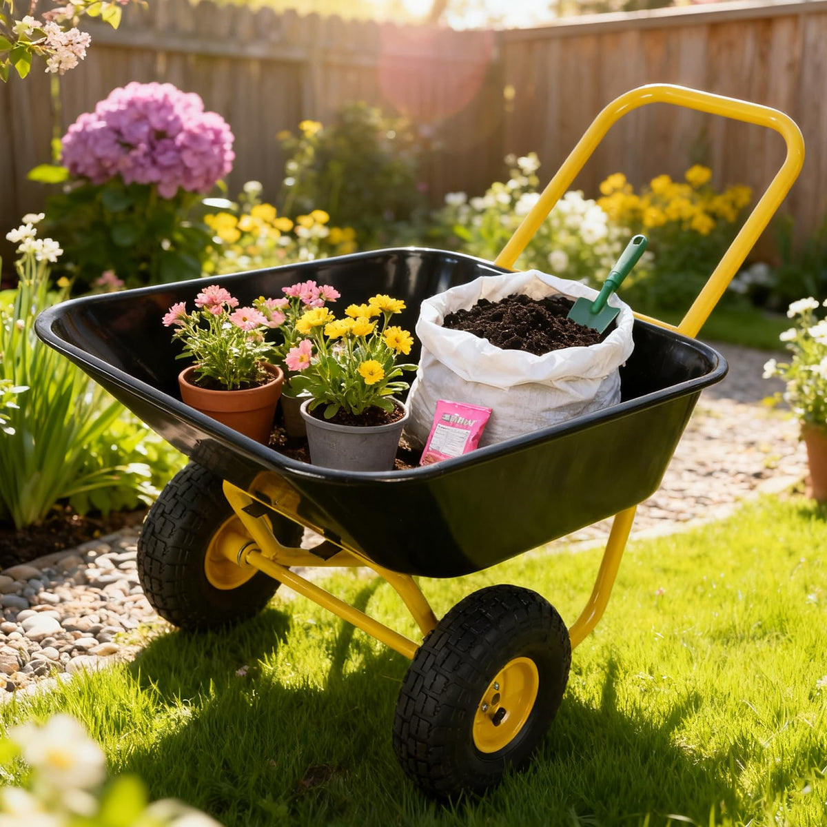 Dual Wheel Garden Wheelbarrow with 10-Inch Pneumatic Tires,300 LBS Capacity