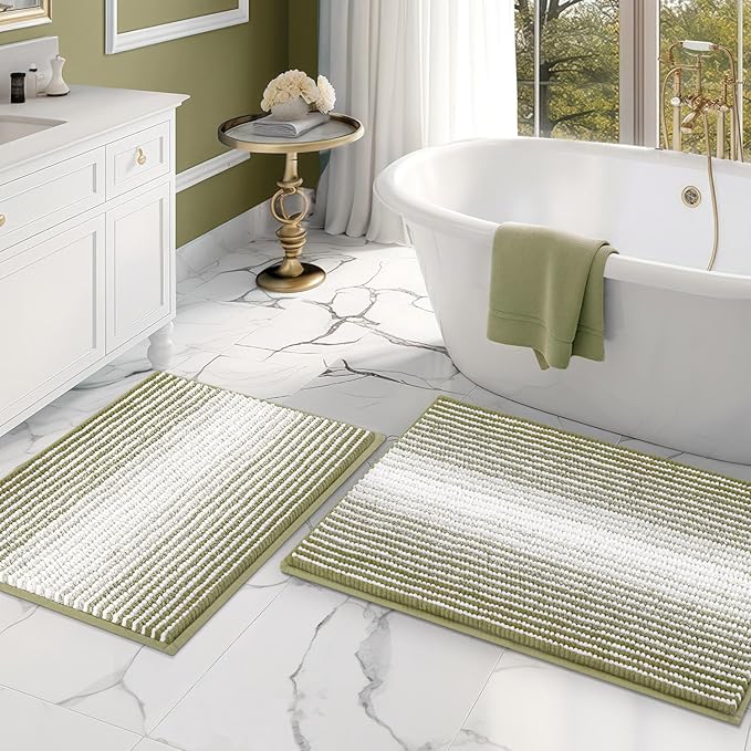 Bathroom Rugs and Mats Sets, 2 Piece Thick Absorbent Chenille Bath Mat Rug Set Non Slip, Soft Shaggy Bath Room Floor Mats for Bathroom, Machine Washable (Linden Green, 20" x 32" Plus 16" x 24")